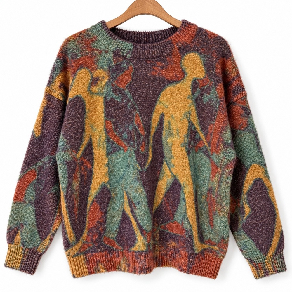 Elric Eden Sweater XS Purple Yellow Abstract Silhouette Graphic Knit Streetwear